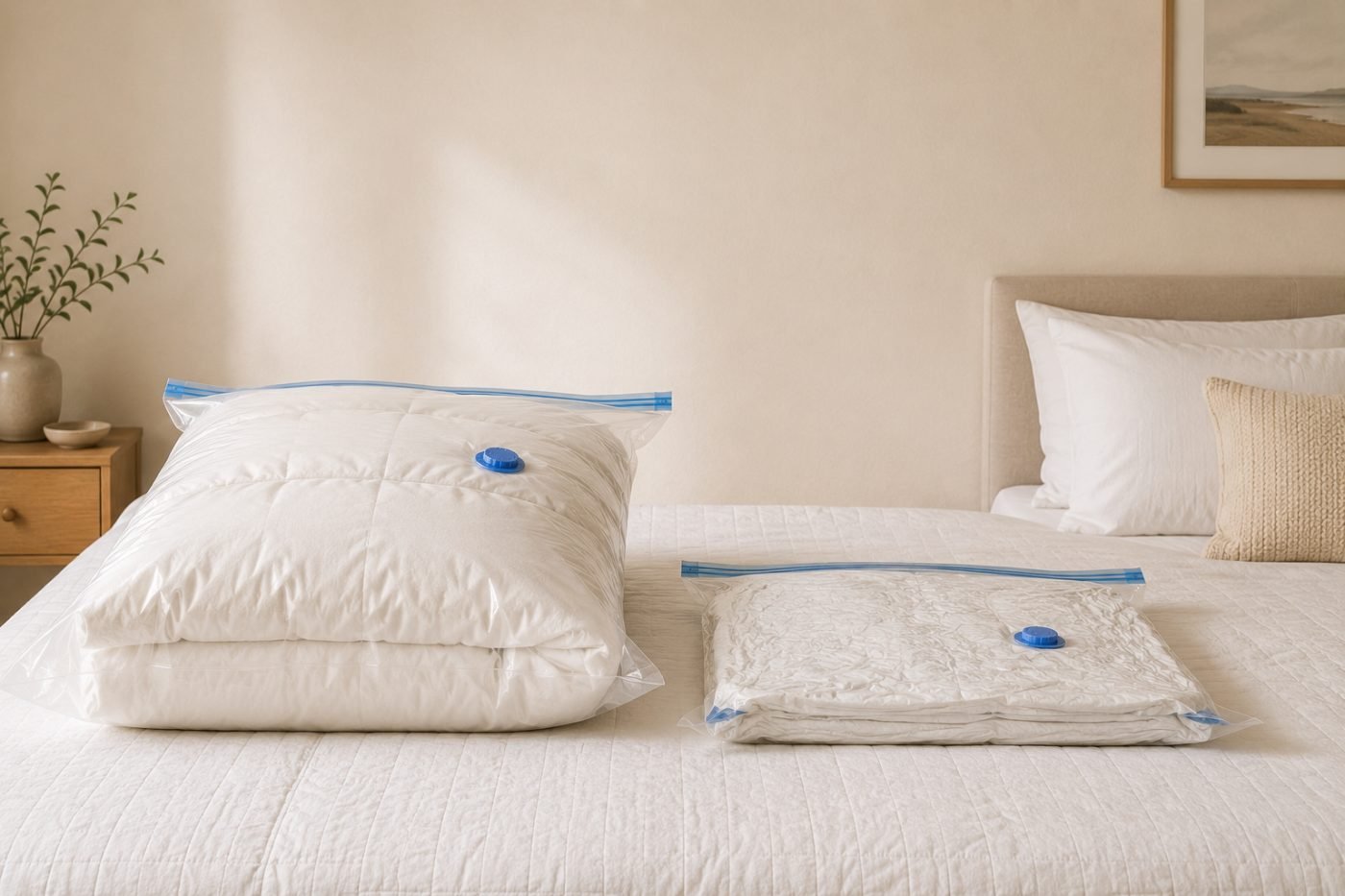 Two vacuum storage bags on a bed, one full with a duvet and one sealed and flattened