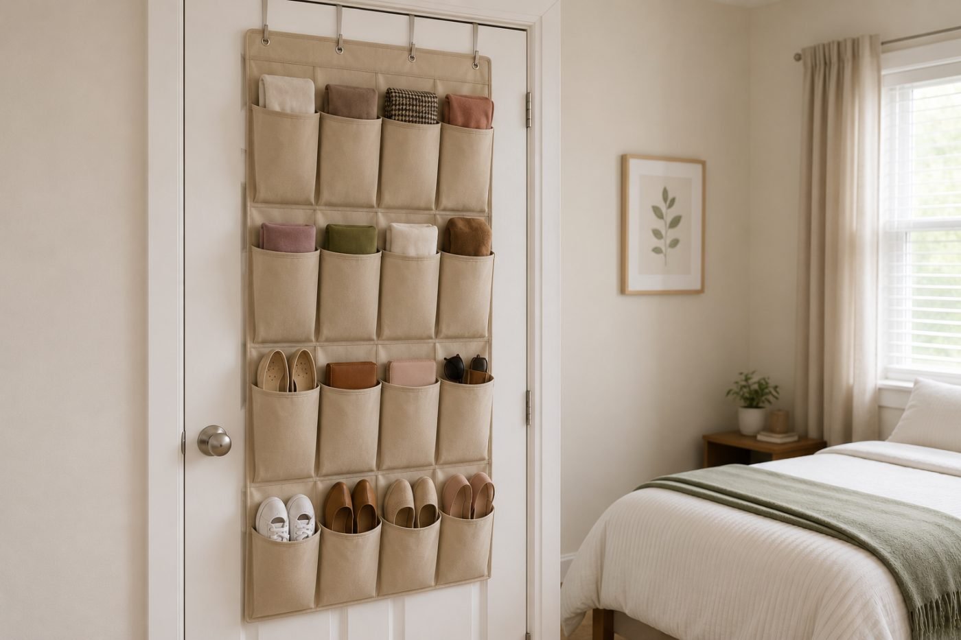 Beige over-the-door organiser with sixteen pockets on a bedroom door, holding folded clothes, shoes and small accessories