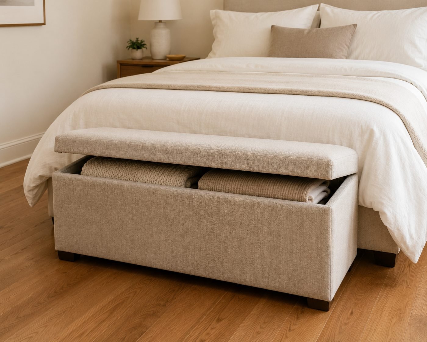 Upholstered storage bench with a hinged lid at the foot of a neutral bed