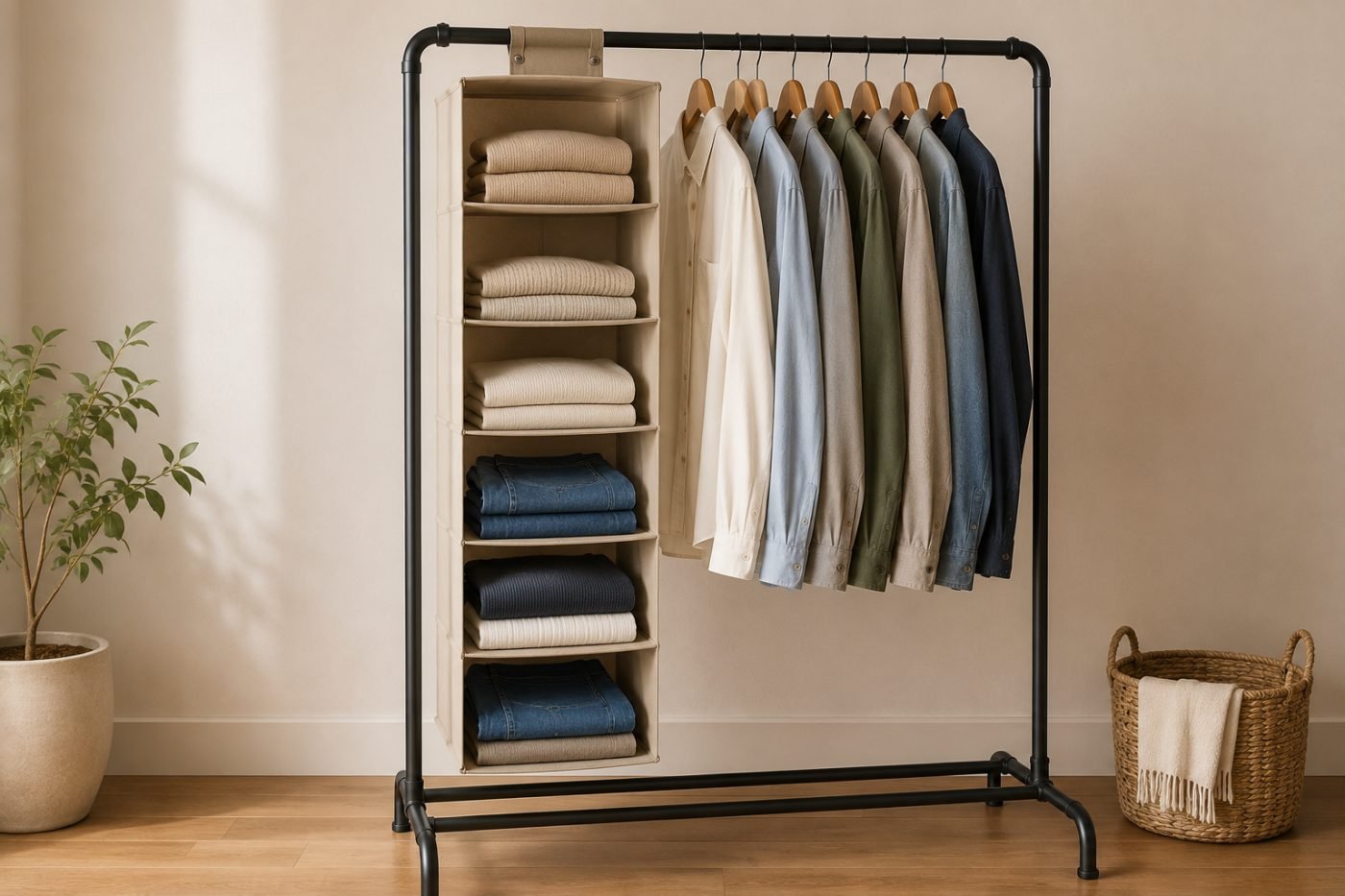 Six-shelf hanging fabric organiser suspended from a garment rack rail, holding folded clothes