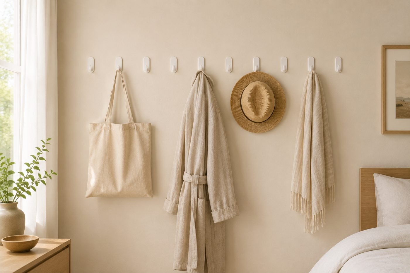 Row of matte white adhesive hooks along a plain wall holding a tote bag, a robe and a hat