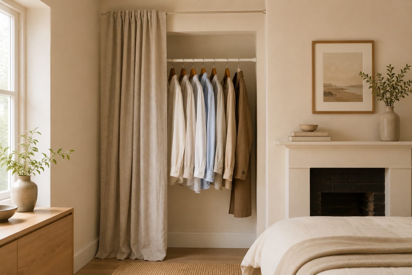 Shallow bedroom alcove used as a hanging closet with a tension rod and clothes on wooden hangers