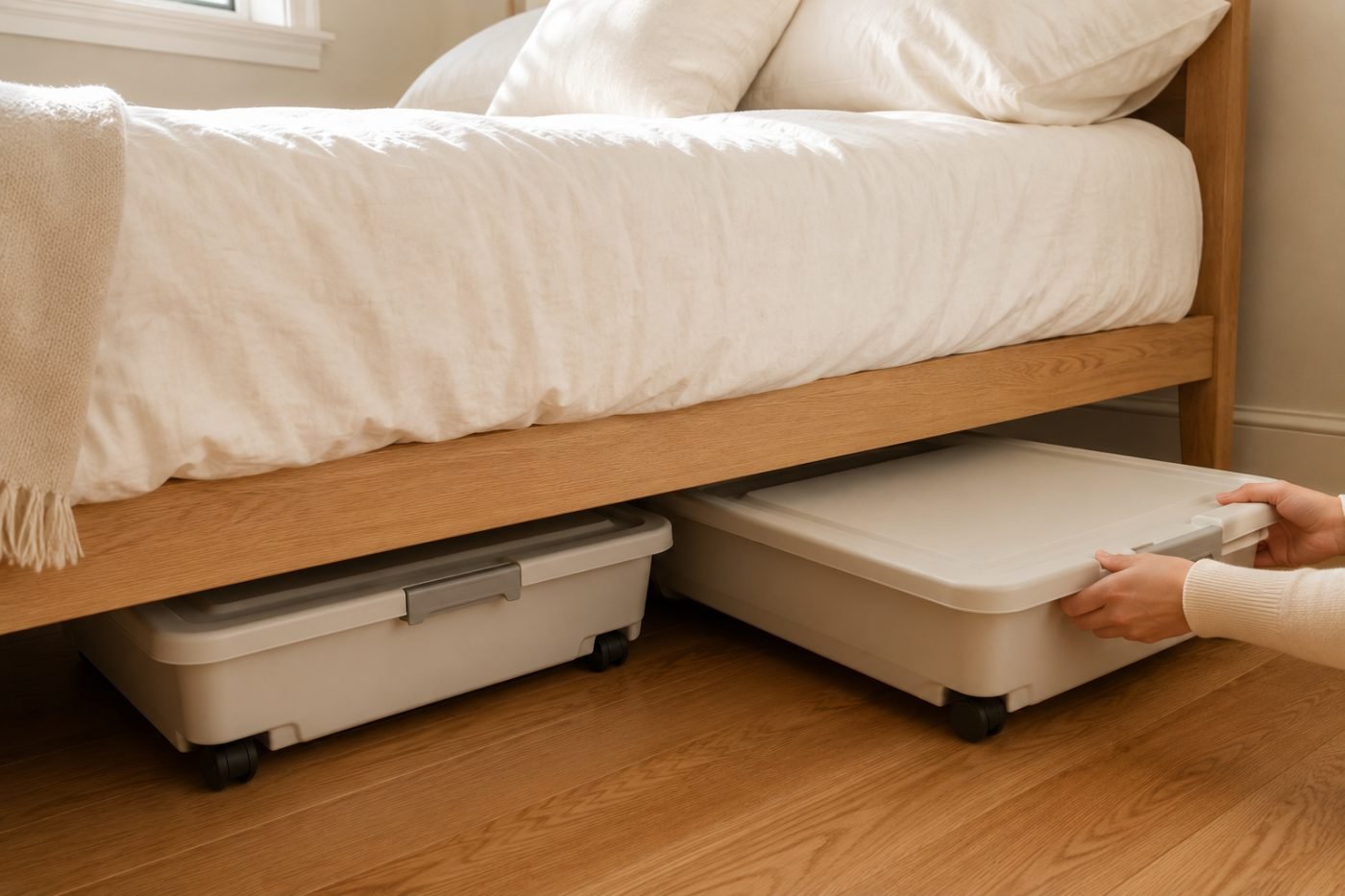 Lidded storage bins being slid under a bed in a sunlit bedroom