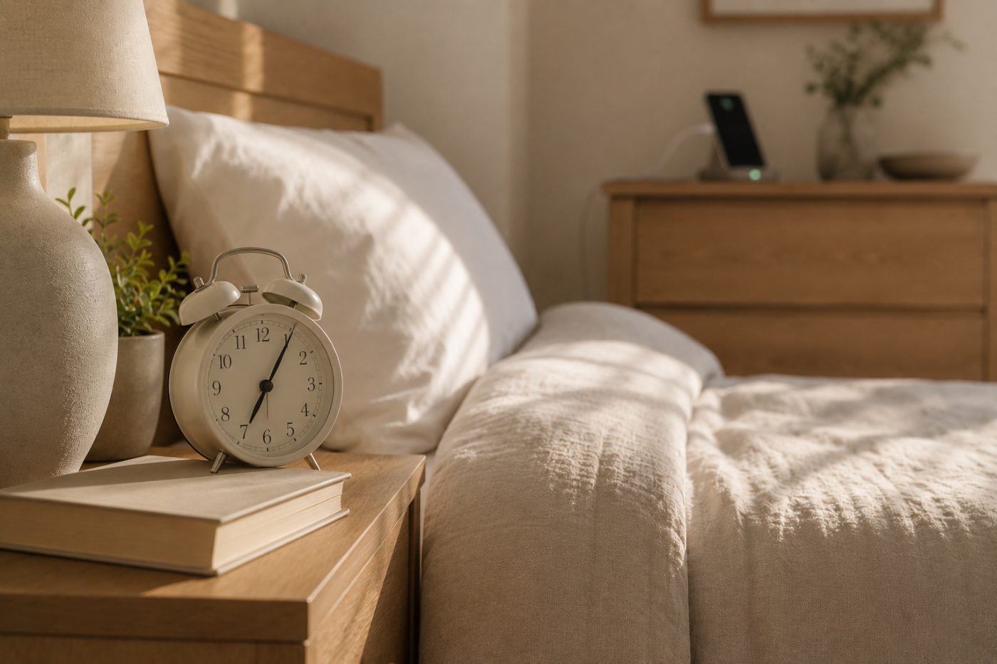 Simple analogue alarm clock and a book on a wooden nightstand, with no phone in reach