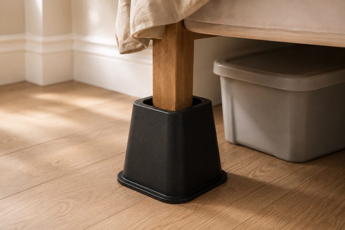 Wooden bed leg sitting in a black bed riser on a pale oak floor, with a storage bin visible beneath the bed