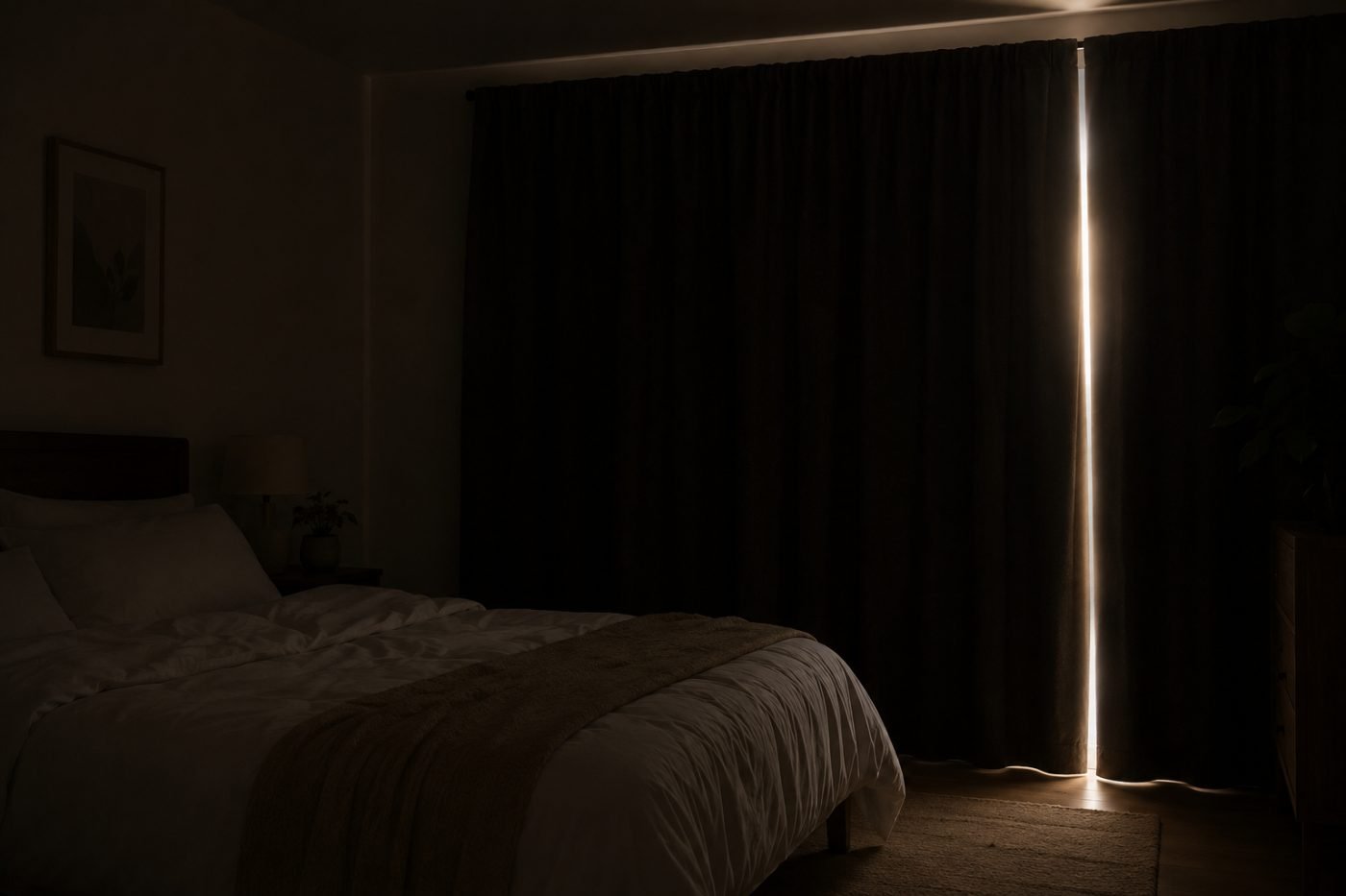 Bedroom in near darkness with blackout curtains fully drawn, a thin blade of morning light at one edge