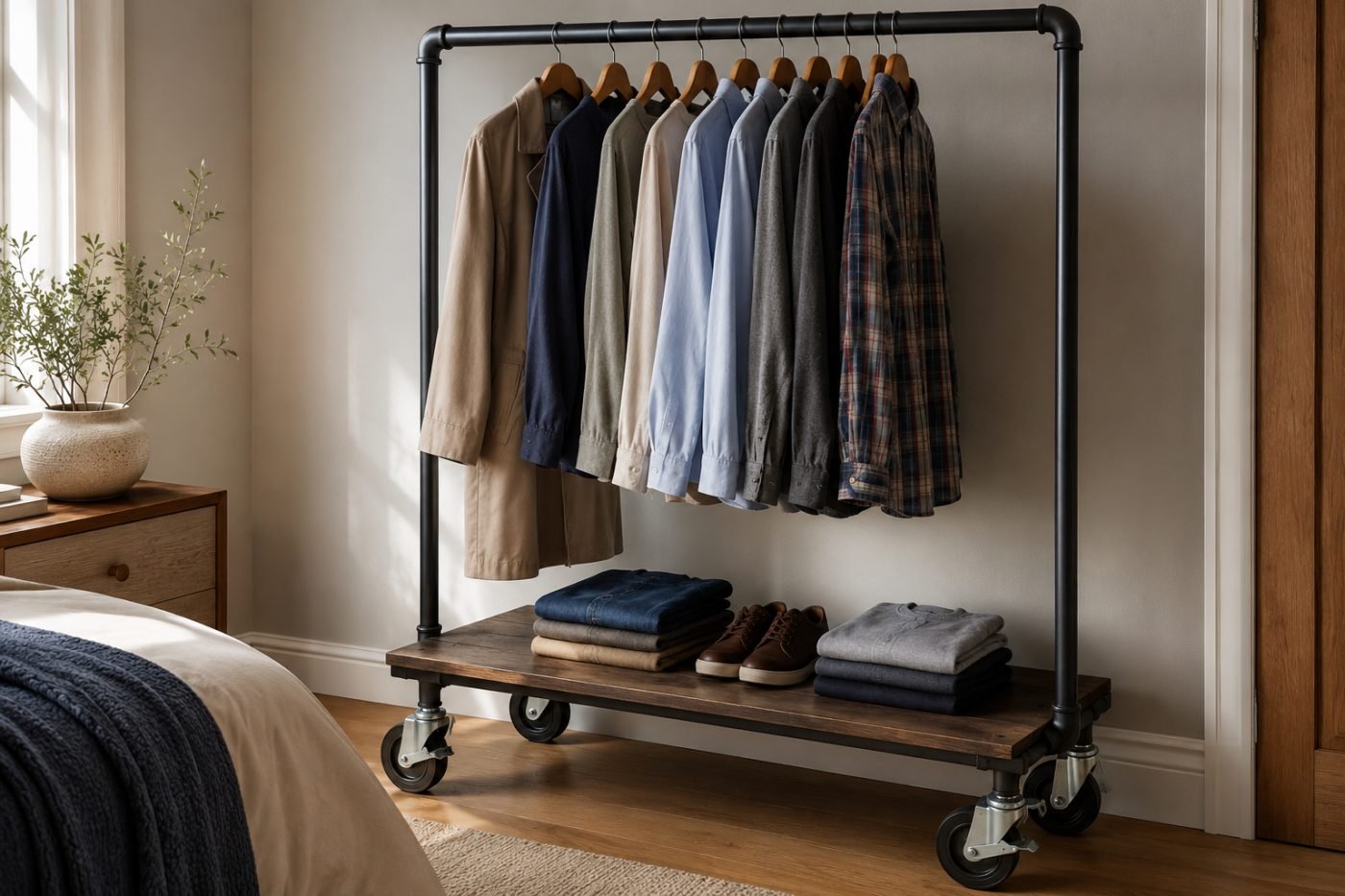 Heavy-duty black steel garment rack with a lower wooden shelf and locking wheels, holding hung shirts and folded clothes