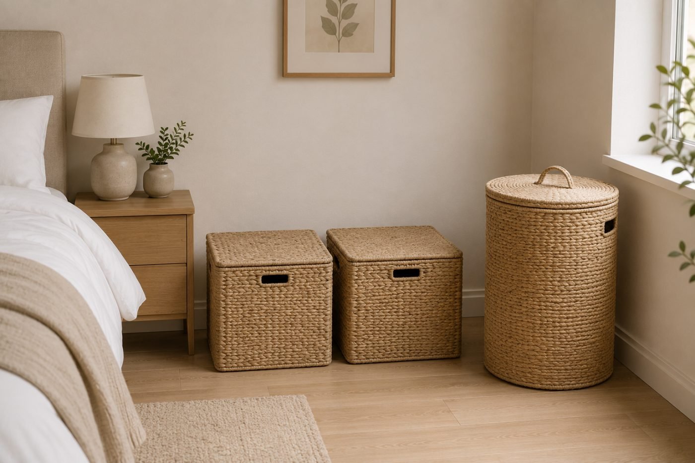 Tidy bedroom corner with lidded woven storage baskets and clear surfaces