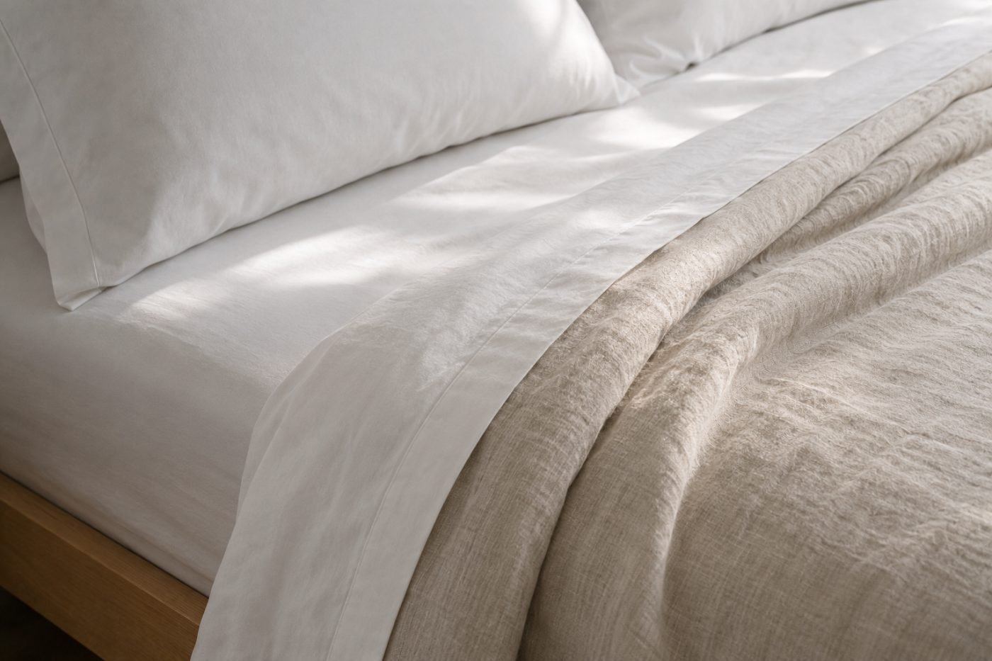 Crisp white percale cotton sheets and a natural linen duvet folded back, showing the weave texture