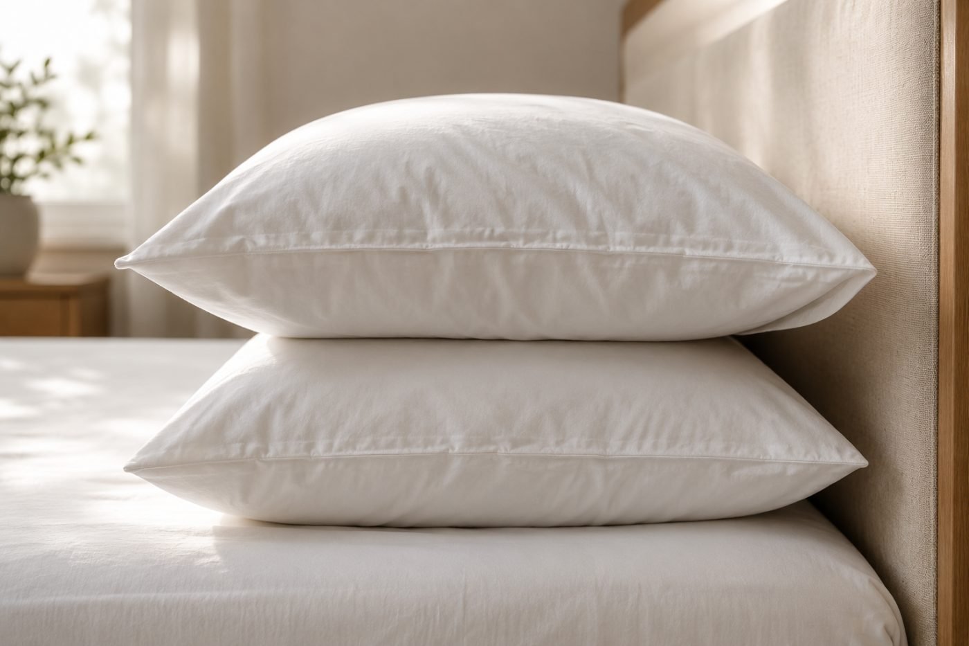 Two white cotton pillows on a made bed viewed from the side, showing their loft and thickness