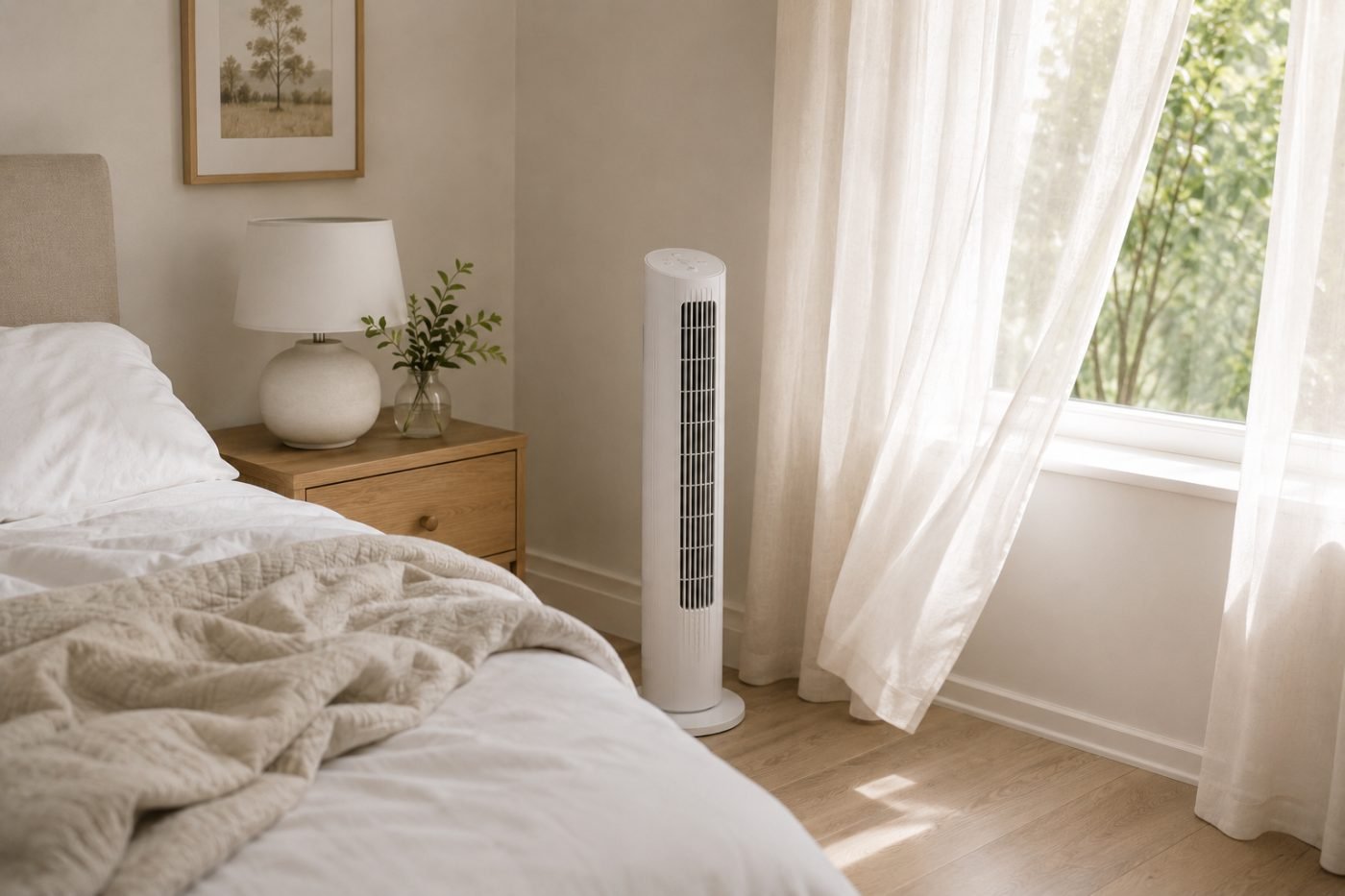 Slim white tower fan beside a bed in a bright bedroom with a light summer duvet folded back