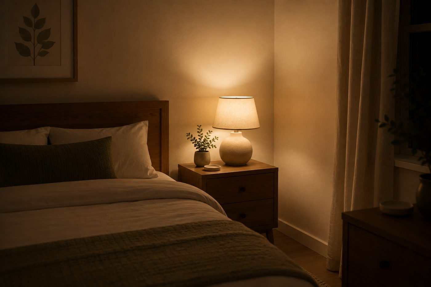 Warm bedside lamp casting a low pool of light beside a made bed, the rest of the room in shadow
