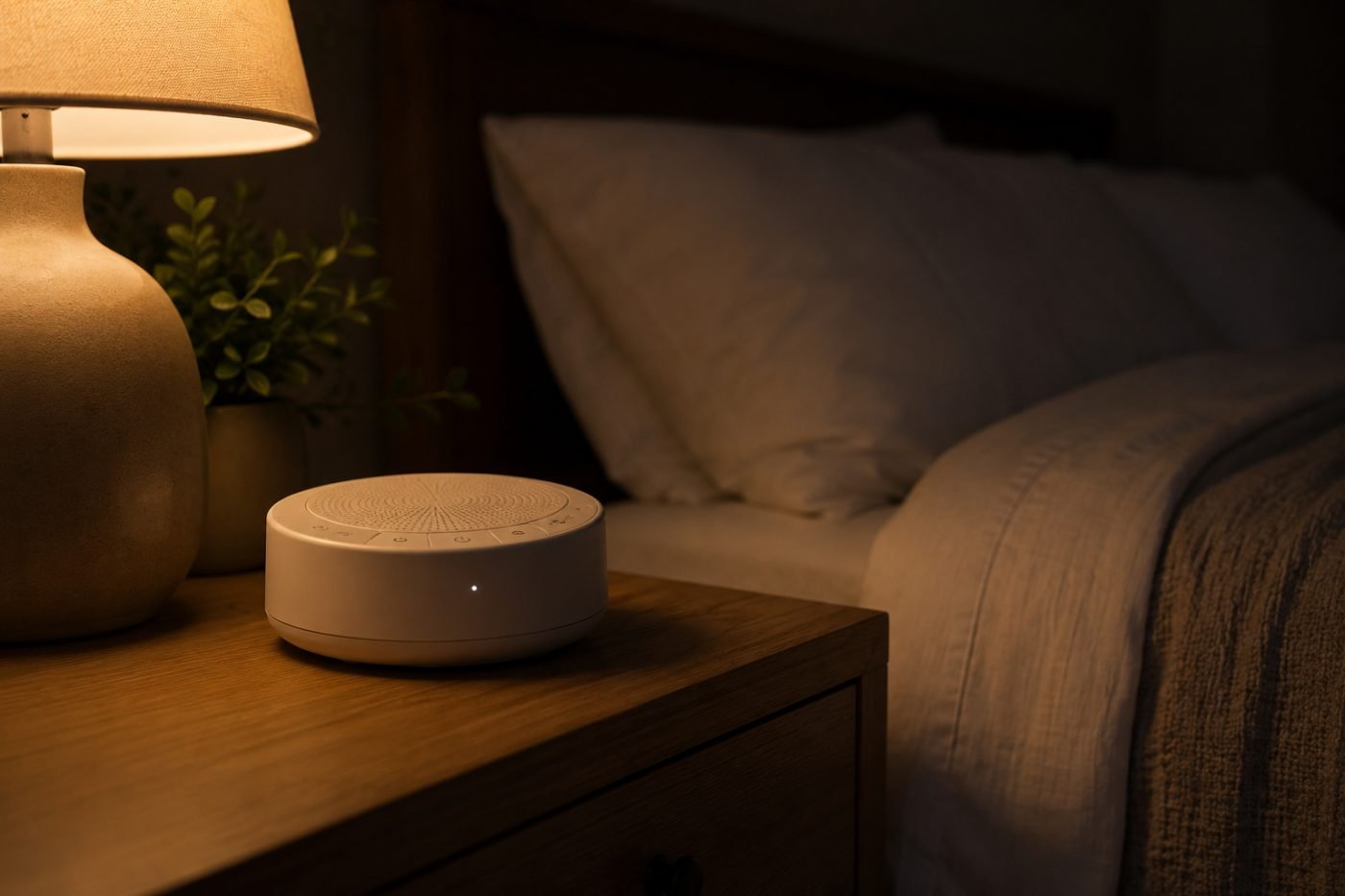 Small white noise machine on a wooden nightstand at night, lit by a low warm lamp